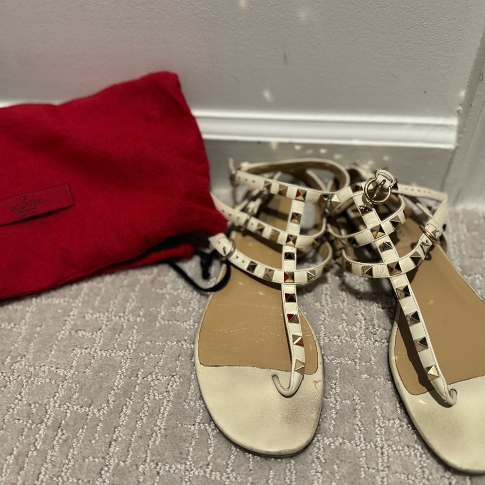 Valentino Cream Sandals with Gold Studs